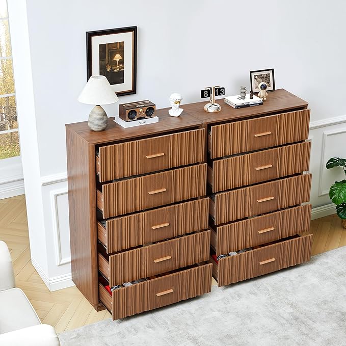 Fluted 5 Drawers Dresser for Bedroom, Wooden Tall Storage Dresser TV Stand, Curved Profile Modern Chest of Drawers, Wood Closet Clothes Storage Organizer for Living Room Hallway,Walnut 2 Sets