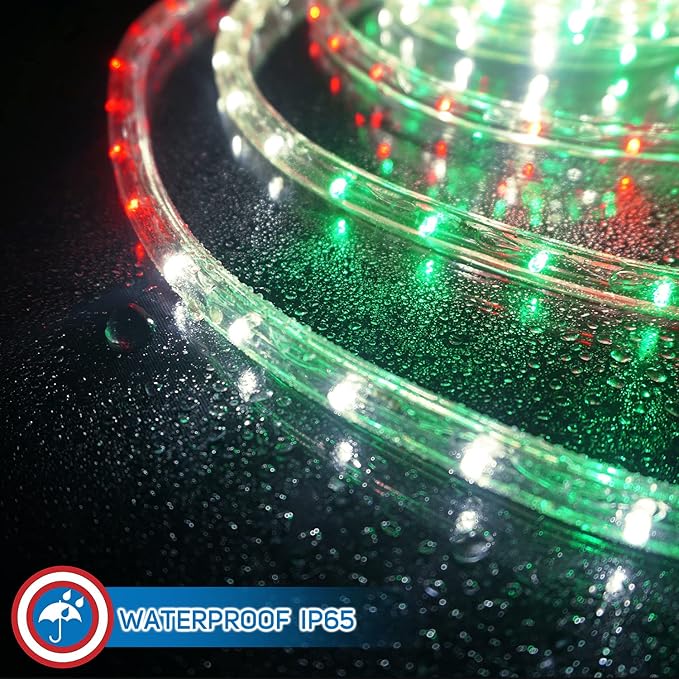 Russell Decor 30ft/9m LED Rope Lights Indoor Outdoor Decorative Lighting for Party Trees Patio Deck Flexible String Lights-Red White Green