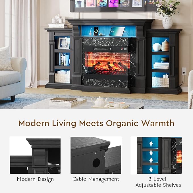 LGHM LED Electric Fireplace TV Stand with Outlet, 72'' Fireplace Mantel for TVs up to 80'', Modern Entertainment Center with 3-Sided Glass Fireplace Heater Insert for Living Room, Black
