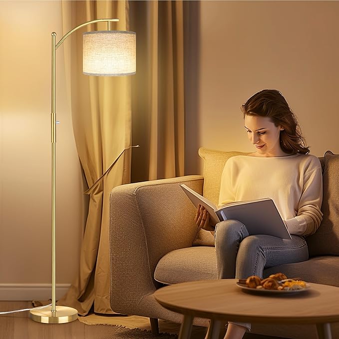 ROTTOGOON Dimmable Floor Lamp, Arc Floor Lamps for Living Room, Stepless Dimming Modern Standing Lamp with Linen Shade, Tall Lamp for Bedroom Office Dining Room- Brushed Gold