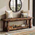 55" Solid Wood Entryway Bench with Shoe Storage, Rustic Charred Wood Grain Foyer Bench with Open Shelf for Hallway, Mudroom, Bedroom, Easy Assembly