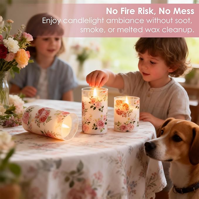 Flameless Candles with Remote, Battery Operated Glass Candles Pink Rose Flickering LED Candles Real Wax Floral Christmas Decor Electric Pillar Candles Set of 3
