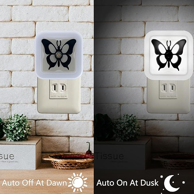 Smart LED Night Light [2-Pack], Plug-in with Auto Dusk to Dawn Sensor | Dimmable, Energy Efficient, Compact Wall Lights for Bedroom, Bathroom, Hallway, Kitchen (Butterfly White Light, 2)