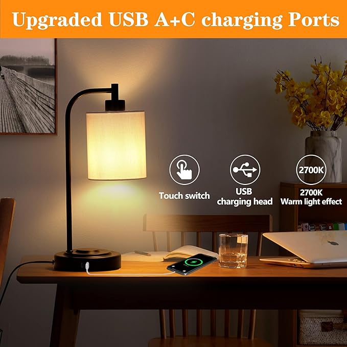 Industrial Style Touch Control Table Lamp - Dual USB A+C Ports Charging Bedside Light, Adjustable Brightness Metal Base Lamp for Bedroom, Office, Living Room Nightstand (Fabric lampshade)
