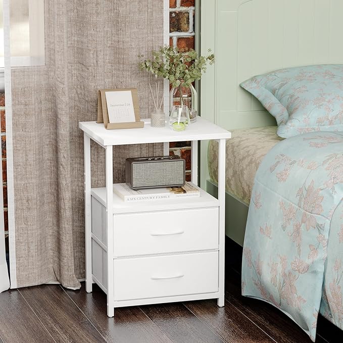Fixwal White Night Stand with Charging Station, Bedroom Nightstand with Fabric Drawers, Bedside Table with PU Finish