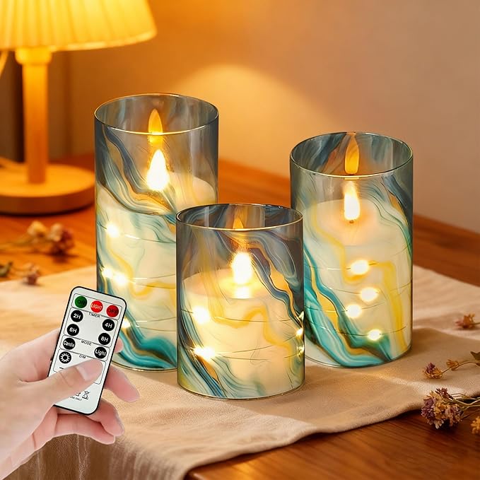 Printed Flameless Candles with String Lights - Set of 3 Battery Operated Candle Flickering Floral LED Pillar Candles with Timer Remote for Home Decor Romantic Ambiance,BG
