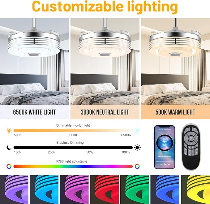 48 Inch Fandelier Ceiling Fan with Light and APP/Remote,Bluetooth RGB Ceiling Fan with Music Speaker,3 Retractable Blades 6 Speed Chandelier Fan for Bedroom Living Room Dining Room