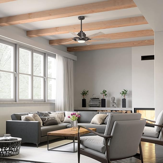 Kichler 52 Inch Gentry Lite LED Ceiling Fan and Etched Cased Opal Glass in Anvil Iron with Distressed Antique Grey Blades,Satin Black/Silver