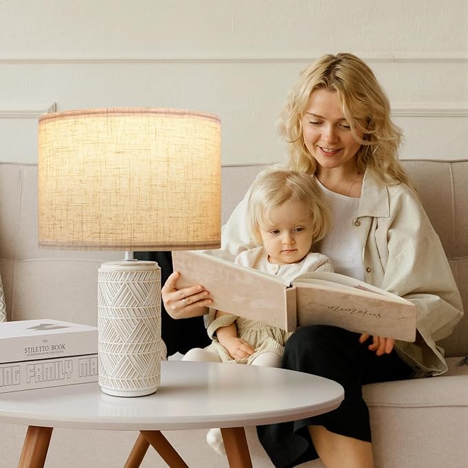 Bedroom Table Lamp Set of 2 for Home and Modern Farmhouse Decor, White Ceramic Bedside Lamps for Living Room and Bedrooms, Nightstand Light for Side Table, Small End Table and Tall Desk