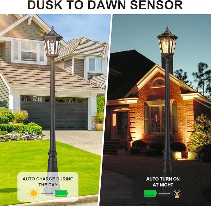 82 Inch Solar Post Street Lamp Light with Remote Control, Dusk to Dawn Waterproof LED Pole Light Exterior, Outside Pillar Lighting with Water Ripple Glass for Lawn Pathway Garden Porch Yard Patio