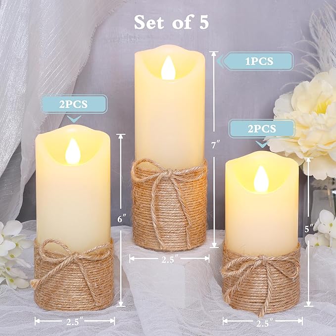 Crystal Club Flameless Candles Flickering with Timer, Set of 5 Battery Pillar Candles with Hemp Rope, Realistic Wax Candle Lights for Summer Party Home Table Décor