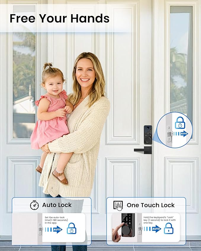 Smart Deadbolt Lock with 2 Handle Set, 5-in-1 Keyless Entry Door Lock with Fingerprint, APP Control, Auto Lock, IP54 Waterproof, Temporary Passcode for Front Door