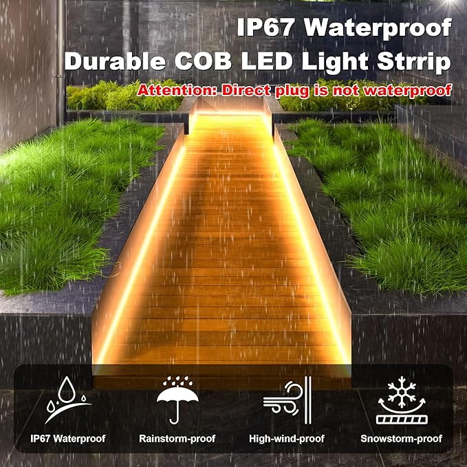 IP67 Waterproof COB LED Strip Lights AC 110V-120V Direct Plug, 100FT Super Bright Outdoor Strip Lights with Double Fuse Controller, 2700K Warm White LED Strips for Garden Patio Commercial Decor