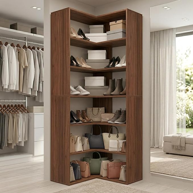Anystyle 71 Inch Large Corner Shoe Rack for 40+ Pairs, 6-Tier L-Shaped Shoe Storage Cabinet Organizer, Freestanding Wooden Shoe Shelf for Closet, Entryway, Hallway, Brown