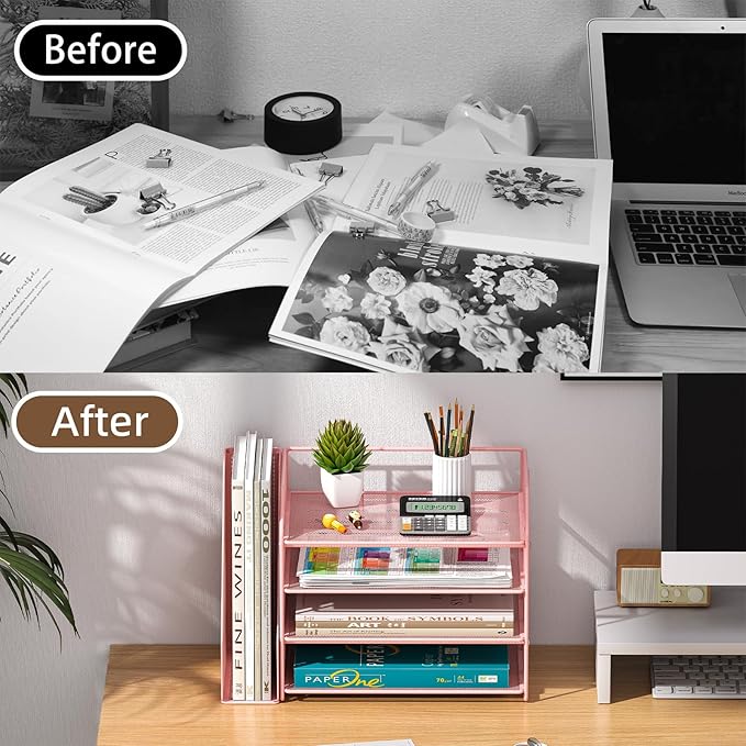 Pink Desk Organizers and Accessories with File Holder – Aesthetic Desk Accessories for Teen Girls – Decorative Office Desk Set with Magazine Rack – Room Desk Accessories for Women Office Setup
