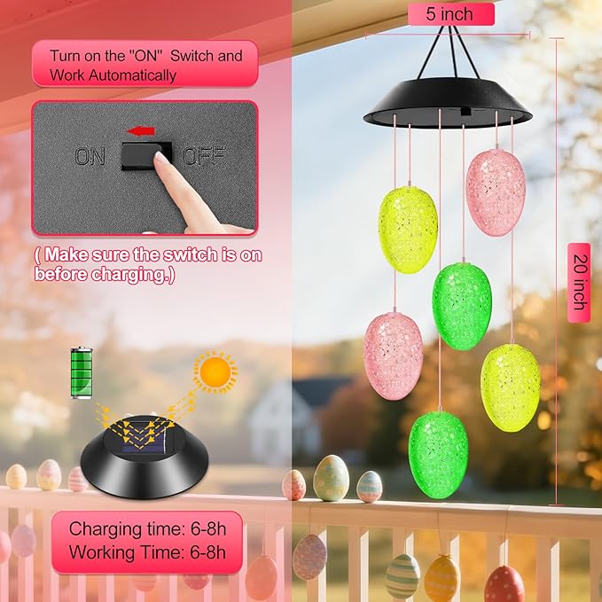 Easter Basket Stuffers for Adults, Winzwon Solar Lights Outdoor Wind Chimes for Outside Garden Yard Patio Porch Decor Hanging Eggs Decorations, Mothers Day Mom Gifts, Birthday Gifts for Women Her