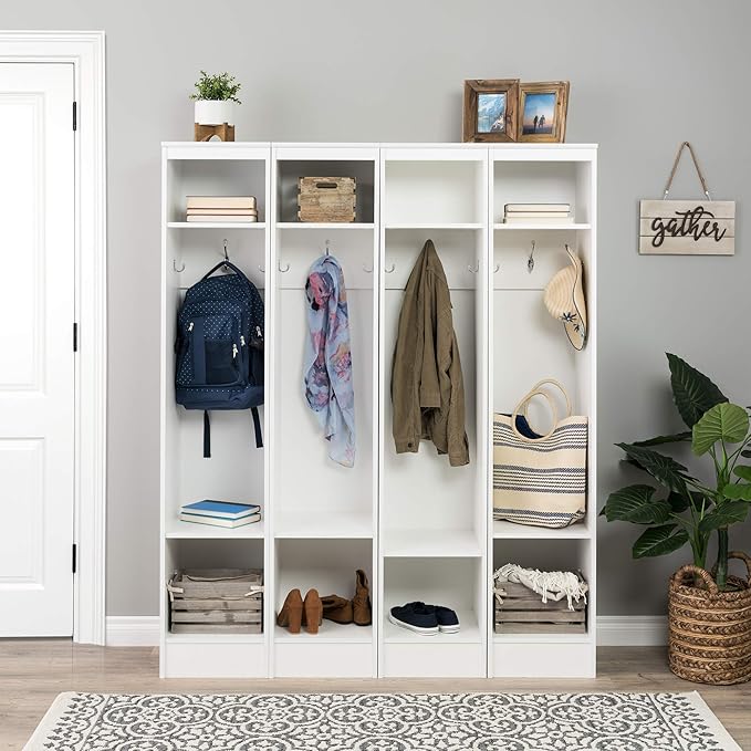 Prepac Narrow Coat Rack Freestanding Hall Tree with 3 Hooks, Entryway Furniture for Coat and Shoe Storage, Entryway Organization with an Adjustable Shelf, 14.75"W x 72.5"H x 15.5"D, White