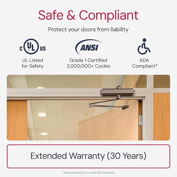 Lawrence Medium/Heavy Duty Door Closer Commercial Grade 1 - Surface-Mounted Commercial Automatic Door Closer with Adjustable 6-Speed Control and 3 Valves - Embassy Series LH5016