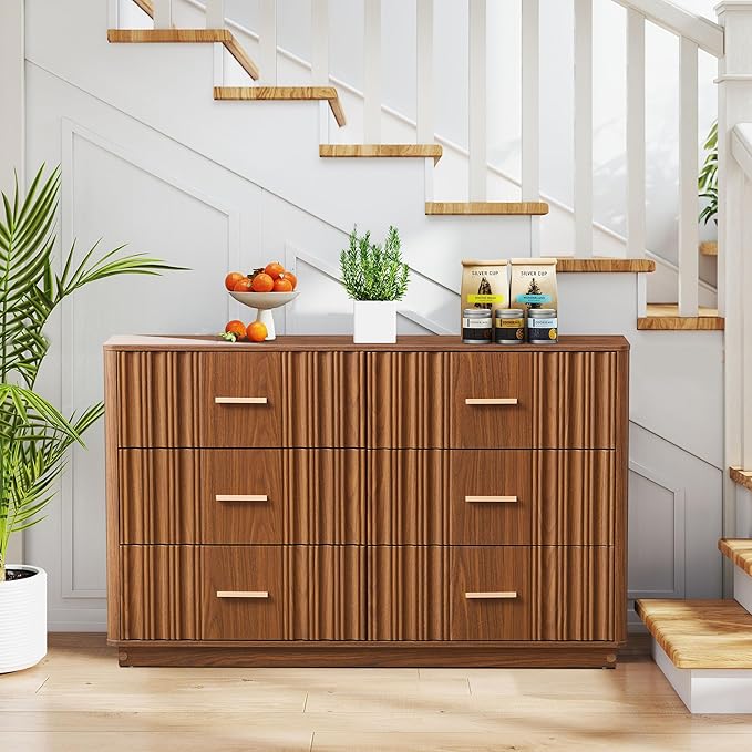 Fluted Double Dresser for Bedroom with 6 Drawers, 47" Wide Modern Chest of Drawers, Curved Profile Wood Storage Dressers TV Stand,Wooden Closet Clothes Storage Organizer for Living Room Hallway,Walnut