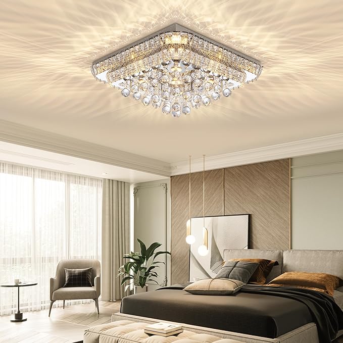 REDSTAR 24" Crystal Ceiling-Light Flush Mount with Remote and APP, 3 Colors Temp & Brightness Adjustable, Modern Crystal Raindrop Chandeliers for Bedroom Hallway Dinning and Living Rooms-Square
