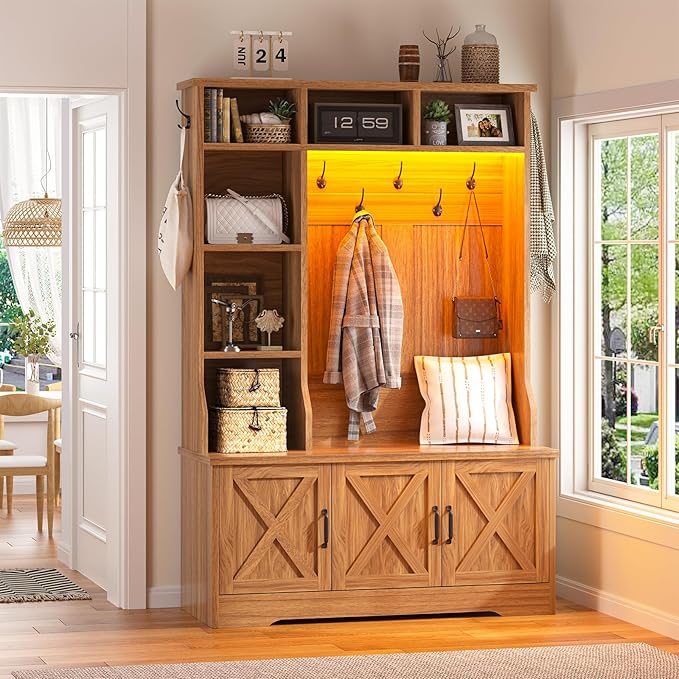 Hall Tree with Bench and Shoe Storage, Farmhouse Entryway Bench with Coat Racks and Led Lights, Tall Hall Tree with 7 Coat Hooks, 6 Storage Cubbies, Adjustable Shelf