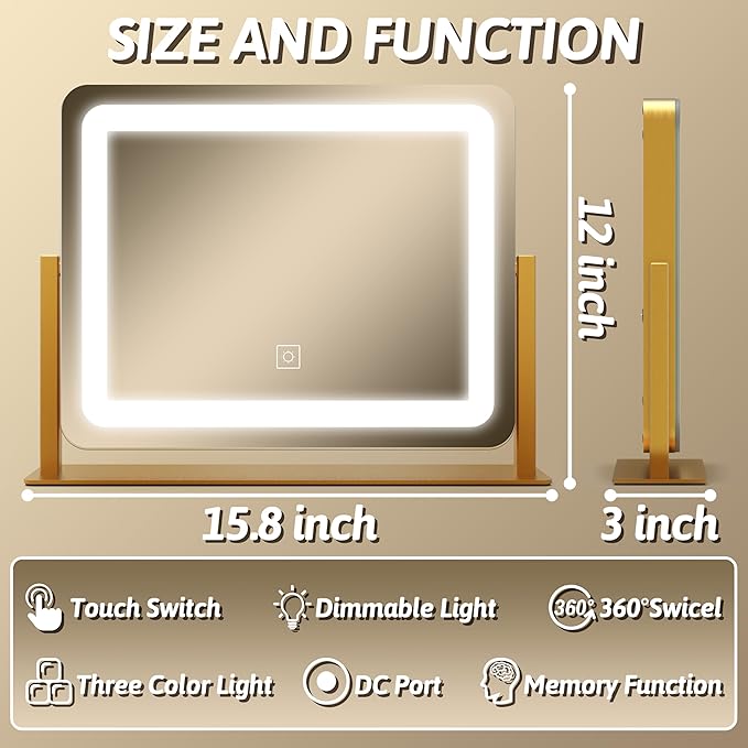 FENNIO Vanity Mirror with Lights, 12" x 16" Lighted Makeup Mirror with Smart Touch Control, 3 Color Modes & Brightness Adjustable, LED Makeup Mirror with 10X Magnification, 360° Rotation （Gold
