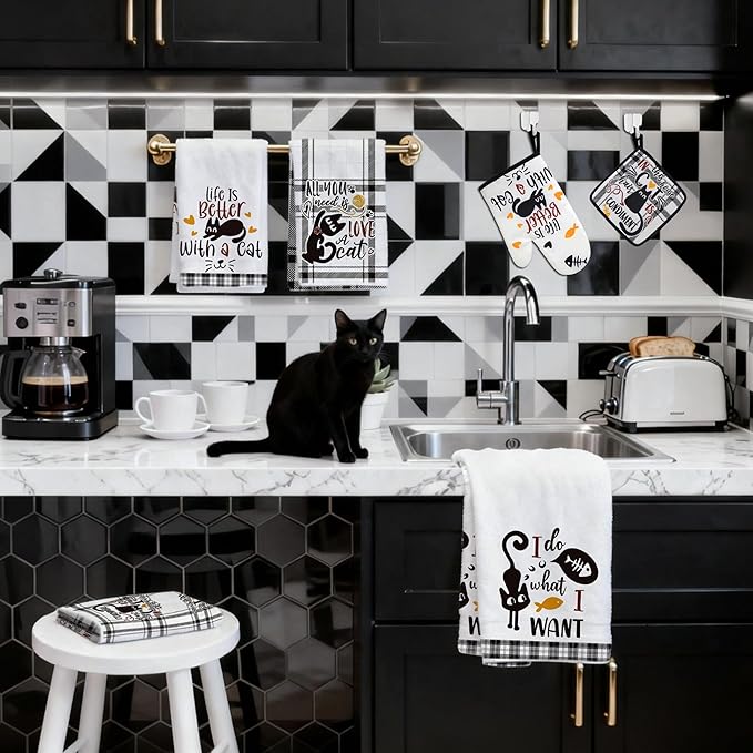 8 PCS Black Cat Decor Kitchen Decor and Accessories - 4 Dish Towels Set 2 Oven Mitts and Pot Holders Sets for Cat Lover Cooking Baking Cute Kitty Kitten Plaid Lightweight Housewarming Gifts
