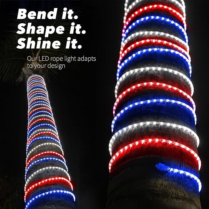 WYZworks 3312LEDs, 300ft LED USA Patriotic American Red White Blue Outside Rope Lights, Outdoor ETL Certified Waterproof Permanent 360 Degree Light, Flexible Tube, Connectable, Palm Tree Exterior