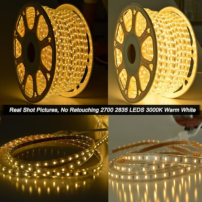 SURNIE 150ft Flat Outdoor Rope Lights Waterproof: 110V Cool Warm White LED Strip Light - Cuttable Connectable Lights for Deck Patio Stairs Backyards Commercial Decor Lighting, Not Tube Rope