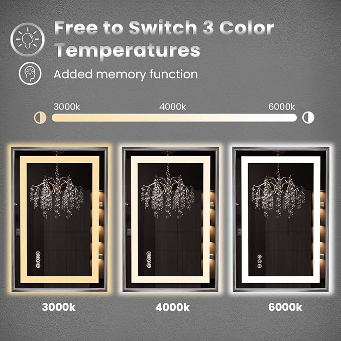 Amorho 72"x 36" LED Bathroom Mirror, Brushed Nickel Framed Mirror with Front Light and Backlit, Stepless Dimmable, Anti-Fog, Shatter-Proof, Memory, 3 Colors