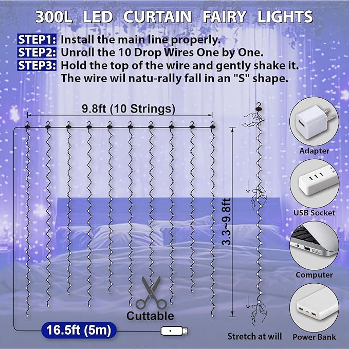 HXWEIYE 300LED Fairy Curtain Lights, 9.8x9.8Ft USB Plug-in 8 Modes Christmas String Hanging Lights with Remote for Bedroom Backdrop Wedding Indoor Wall Decor, Blue, Standard – 1 Pack