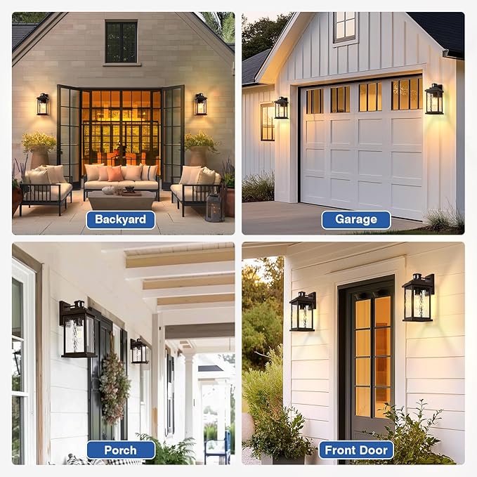 VIANIS 2 Pack Large Adjustable-Sensitivity Motion Sensor Outdoor Lights, Oil-Rubbed Bronze Porch Light with Tempered Ripple Glass, Aluminum Waterproof Outdoor Light Fixture, Exterior Lights for Garage
