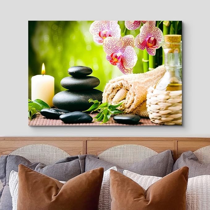 wall26 Canvas Print Wall Art Massage Stones Zen Pink Orchid Flower Plants Candles Nature Wilderness Photography Realism Rustic Landscape Colorful for Living Room, Bedroom, Bathroom, Office - 12"x18"