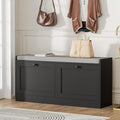 MHOM Black Modern Entryway Bench with 2 Flip Drawers, Shoe Bench with Padded Seat Cushion, Wooden Storage Bench for Hallway and Entryway