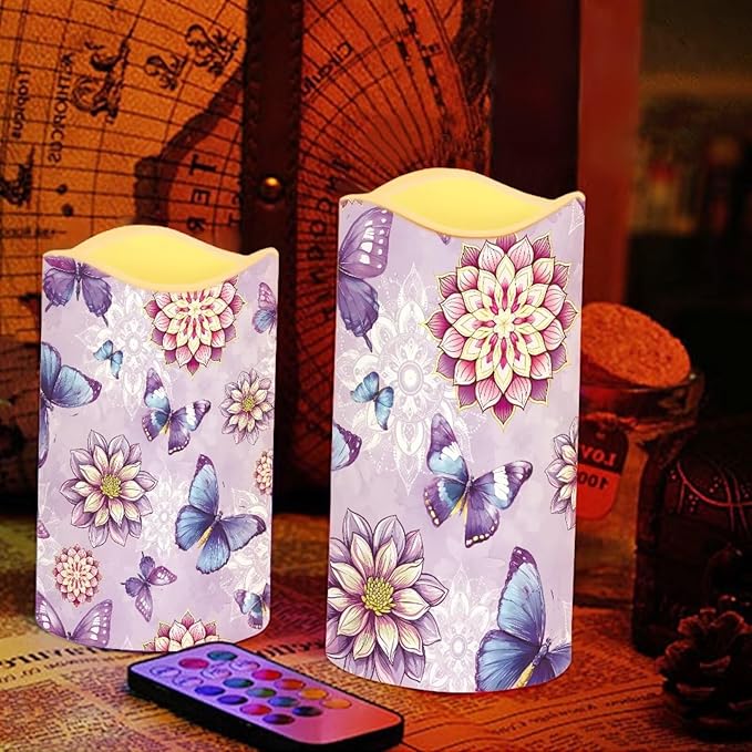 Purple Butterfly Floral Plastic Flameless Candles with Remote Control and Timer LED Flickering Battery Electric Pillar Candles for Table Home Decoration