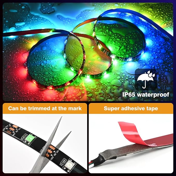 Upgrade Smart RGB Music Sync Multiple Colors Chasing 16.4ft neon Led Strip Lights Cuttable and Linkable, Flexible Outdoor Led Strip Lights Waterproof, Button or APP Control led Lights Strip