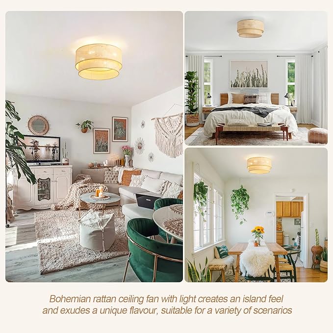 20 Inch Boho Caged Ceiling Fans with Lights Flush Mount, Rattan Ceiling Fan with Light Remote Control with Reversible 6 Speeds for Bedroom, Nursery, Living Room, E26, Base, Indoor