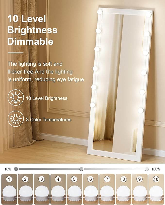 12 Bulbs LED Vanity Lights for Mirror, 3000K 4000K 6500K & 10-Brightness, Wire Length Adjustable, USB Cable, Hollywood Mirror Lights for Makeup Dressing Room Bathroom, White