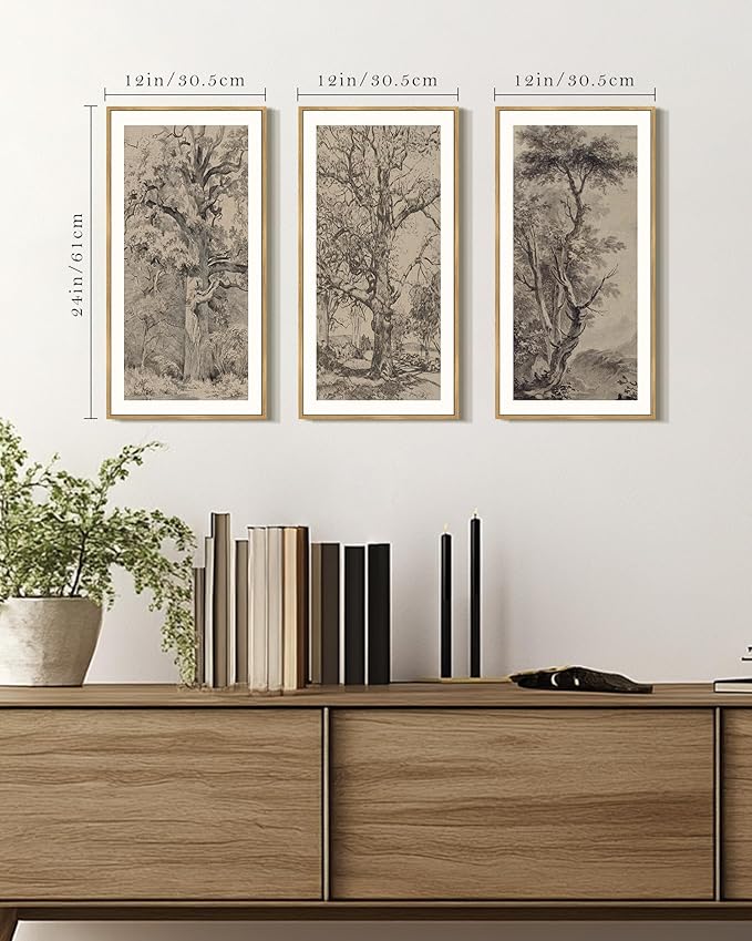 KUVIOKE Large 12x24in Vintage Sketch Trees Drawings Farmhouse Rustic Framed Wall Art for Living Room Bedroom Ready to Hang Natural Framed