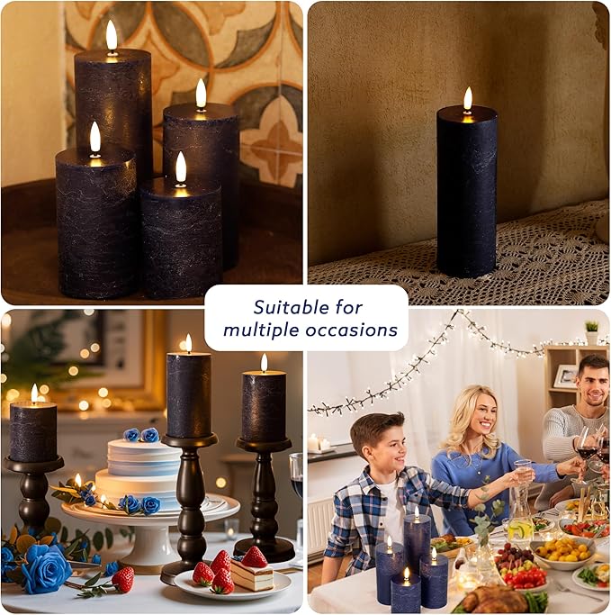 Blue Flameless Pillar Candles, Battery Operated Candles with Remote, Real Wax Flickering LED Candles for Home Party Wedding Holiday Decor, Set of 4, Φ 3" H 4" 5" 6" 8"