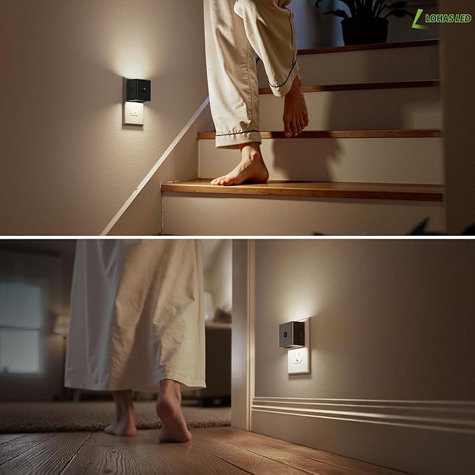L LOHAS LED Motion Sensor Night Light, [4-Pack] Motion Activated Night Light, Motion Sensor and Dusk to Dawn Sensor, Brightness Adjustable, 5000K Daylight White Nightlight for Bathroom Hallway Kitchen