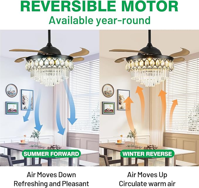 Lightree 42 Inch Black Fandelier Ceiling Fan with App Remote Control and Bluetooth Speaker,RGB LED Light Retractable Smart Ceiling Fan 6 Speed Timer Bluetooth Chandelier Fan for Bedroom Living Room