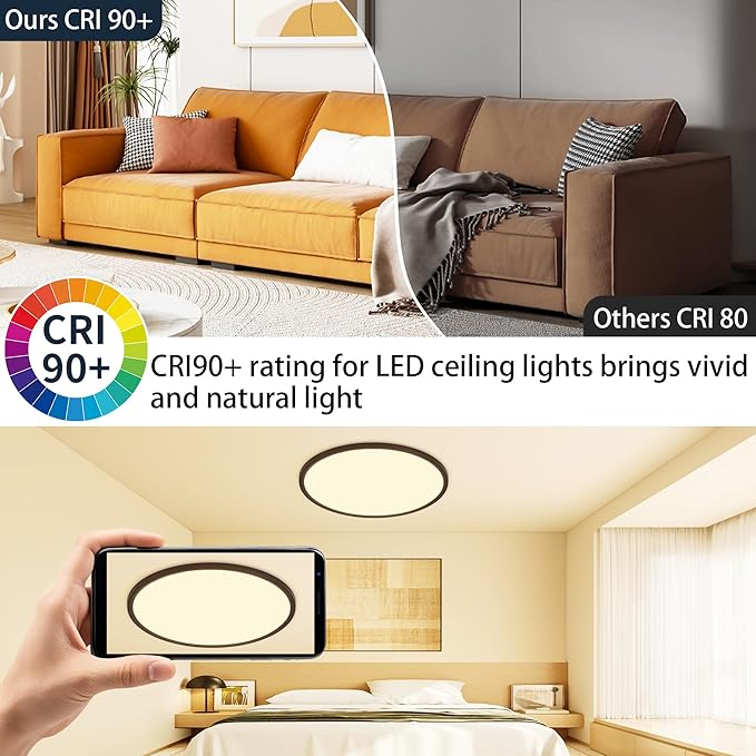 MOONSEA 20 Inch LED Dimmable Ceiling Light Fixture 40W - Round Flush Mount Adjustable 3000K/4500K/6000K Large Kitchen Light Fixture, 4000lm Hallway Light Fixtures for Bedroom, Black