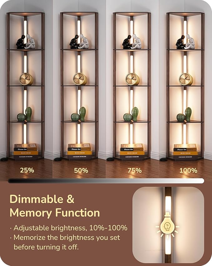 EDISHINE Dimmable LED Floor Lamp with Shelves, Corner Floor Lamps for Living Room, Corner Shelf with LED Light, 3CCT, Modern Standing Lamp, Floor Lamp for Bedroom, Office, Walnut