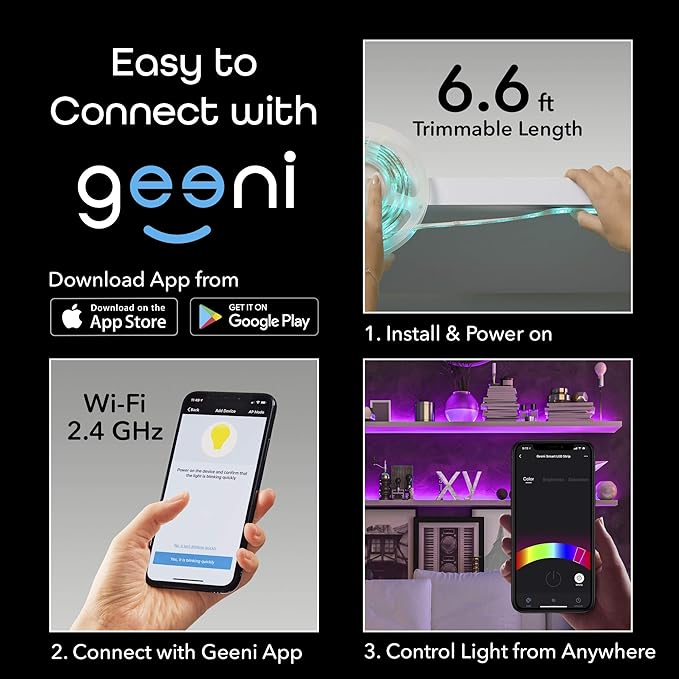 Geeni Prisma Strip-USB – Smart Wi-Fi LED Light Strip Kit for Indoor & Outdoor – Dimmable & Trimmable LED Strip Lights Compatible with Alexa & Google Home – 2m/6.6ft