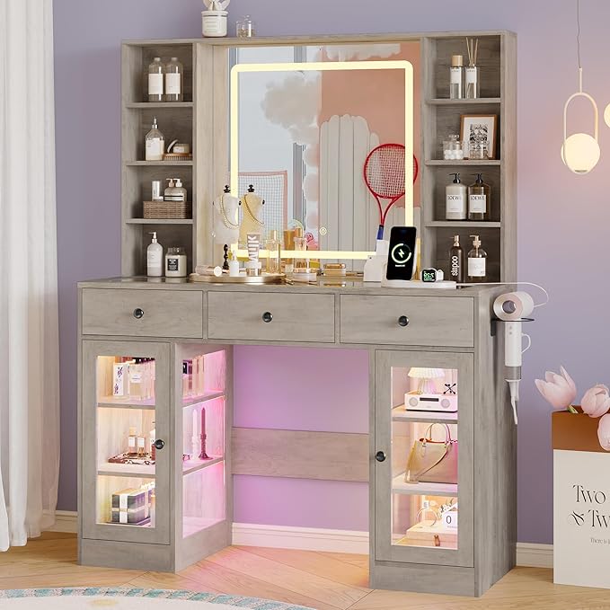 Makeup Vanity Desk with Mirror and Lights, 43" Grey Vanity with Glass Top, Jewelry Storage, 3 Drawers & Glass Cabinets, Power Outlet & Adjustable LED Lights, Dressing Table for Women & Girls Bedroom