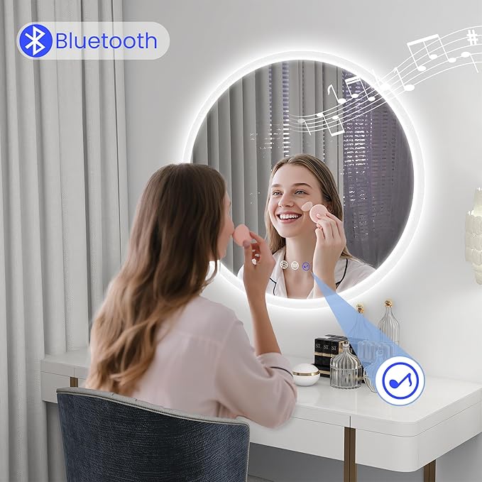 STARLEAD 36" Round LED Bathroom Mirror with Bluetooth Speaker, Dimmable Lighting, 3 Color Modes, Anti-Fog, Touch Control Wall Mounted Vanity Mirror