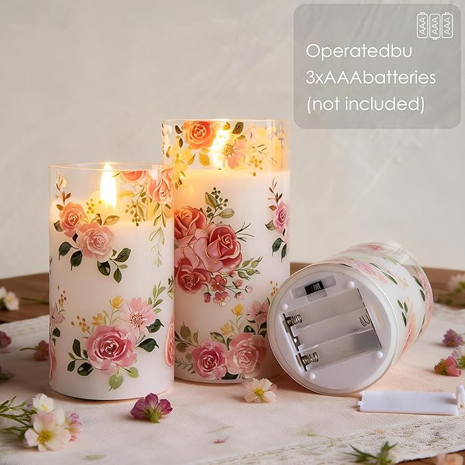 Flameless Candles with Remote, Battery Operated Glass Candles Pink Rose Flickering LED Candles Real Wax Floral Christmas Decor Electric Pillar Candles Set of 3