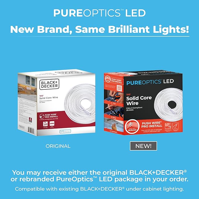 Black+Decker PureOptics Professional Push Wire 100' Jumper Wire Spool for Under Cabinet Lighting, Flat 5/6" or 8mm Cable, 4-Core CL2 Compliant, Non-Metallic, White