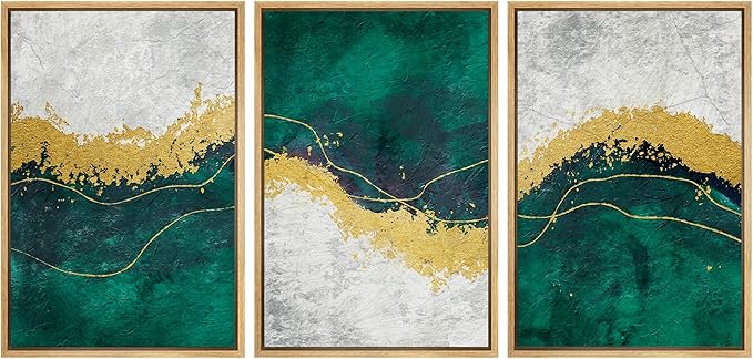 wall26 Framed Canvas Print Wall Art Set Geometric Gold Green Paint Strokes Abstract Shapes Illustrations Modern Art Decorative Multicolor Chic for Living Room, Bedroom, Office - 24"x36"x3 Natural